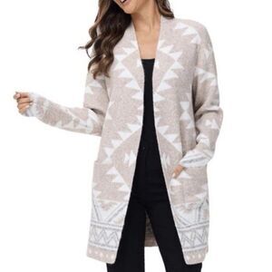 Frye Women's Tan Ivory Aztec Pattern LS Long Open Front Cardigan Sweater Sz XXL